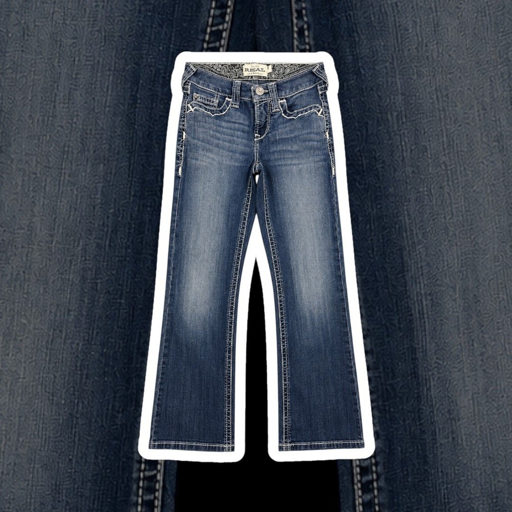 Ariat Real Denim Girls Size 8 Jeans Blue Bootcut Western Embroidered Pocket Wash